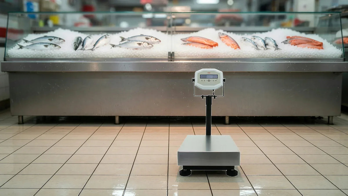 Balance inox à colonne devant l'étal d'une poissonnerie