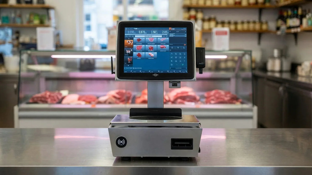 Caisse-balance tactile au comptoir d'une boucherie