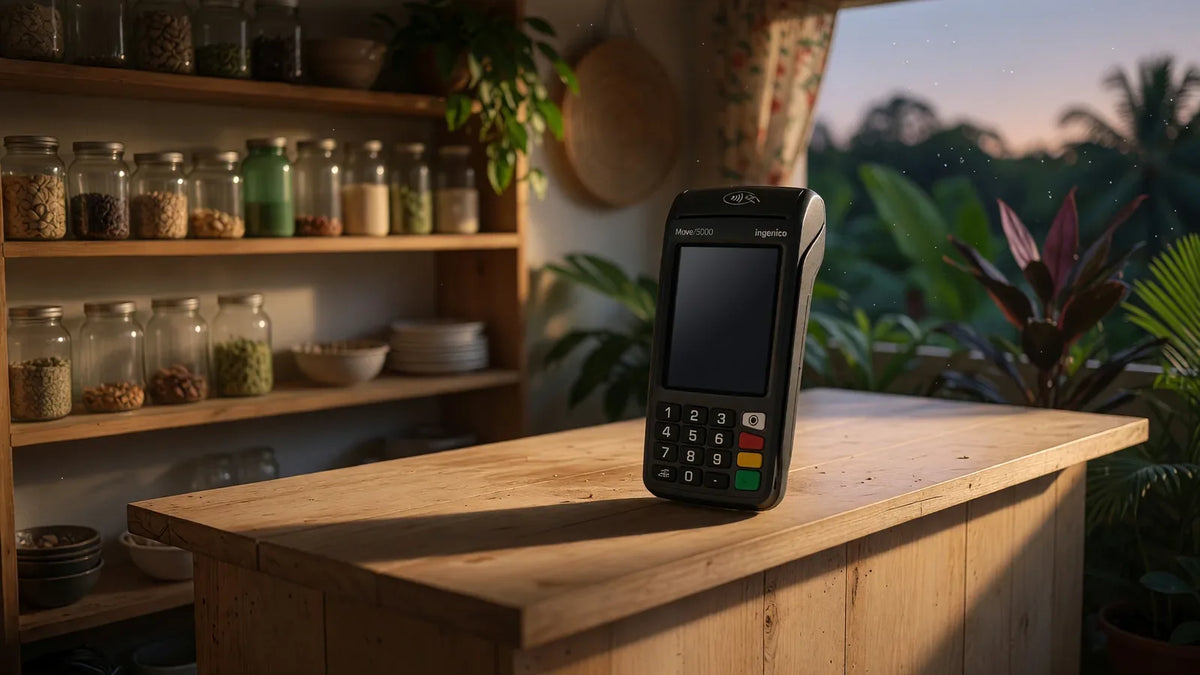 Terminal de paiement Ingenico Move/5000 posé debout sur un comptoir en bois de snack, au crépuscule