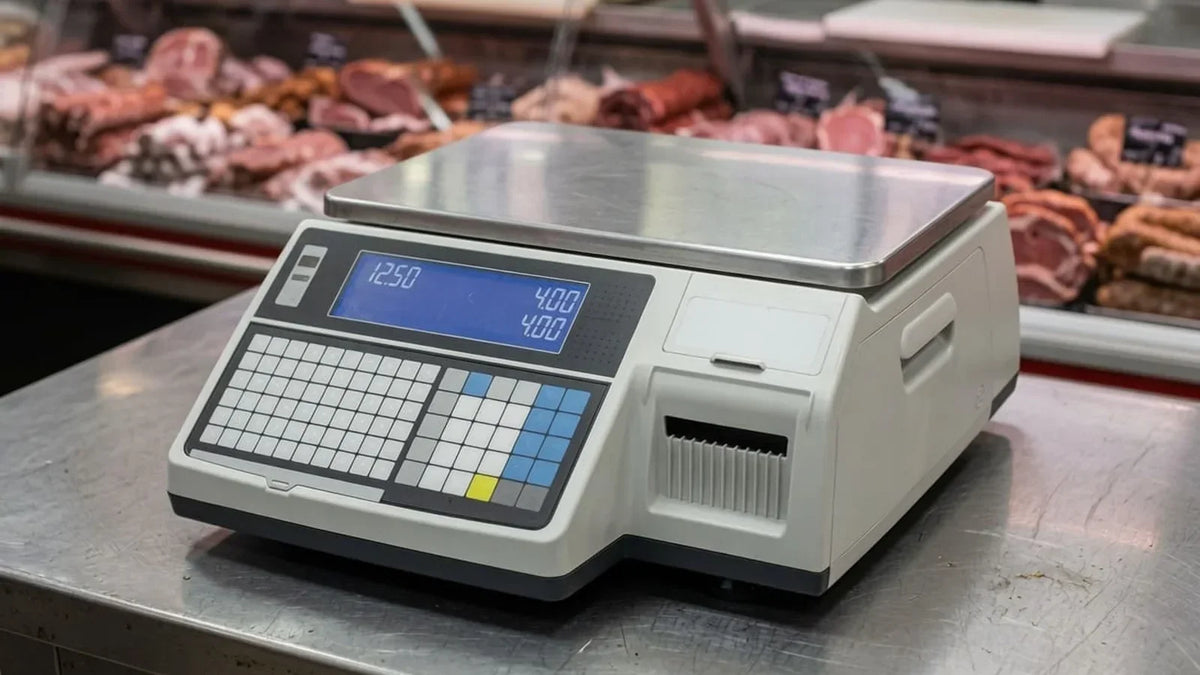 Balance étiqueteuse CAS au comptoir d'une boucherie