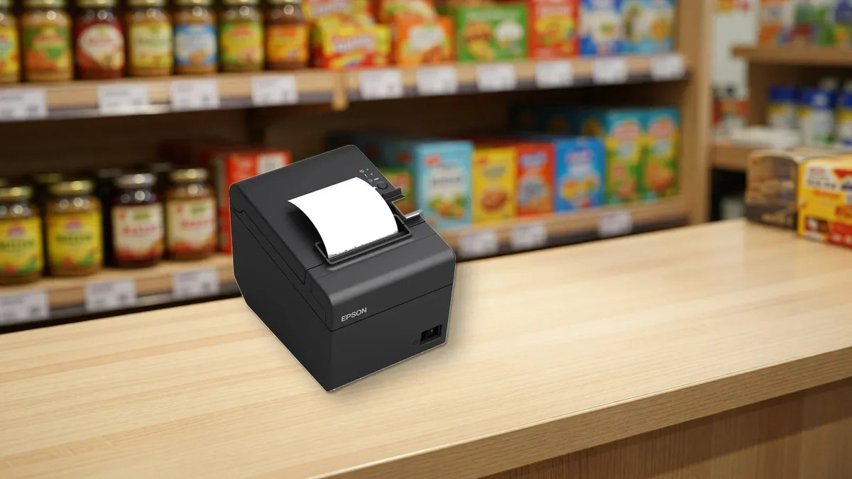 Imprimante ticket Epson TM-T20III sur un comptoir d'épicerie