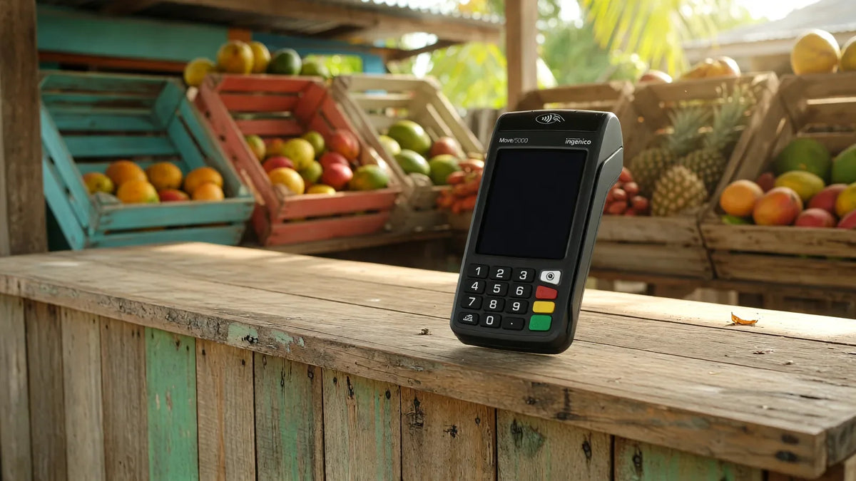 Terminal de paiement Ingenico Move/5000 posé sur le comptoir en bois d'un étal de fruits