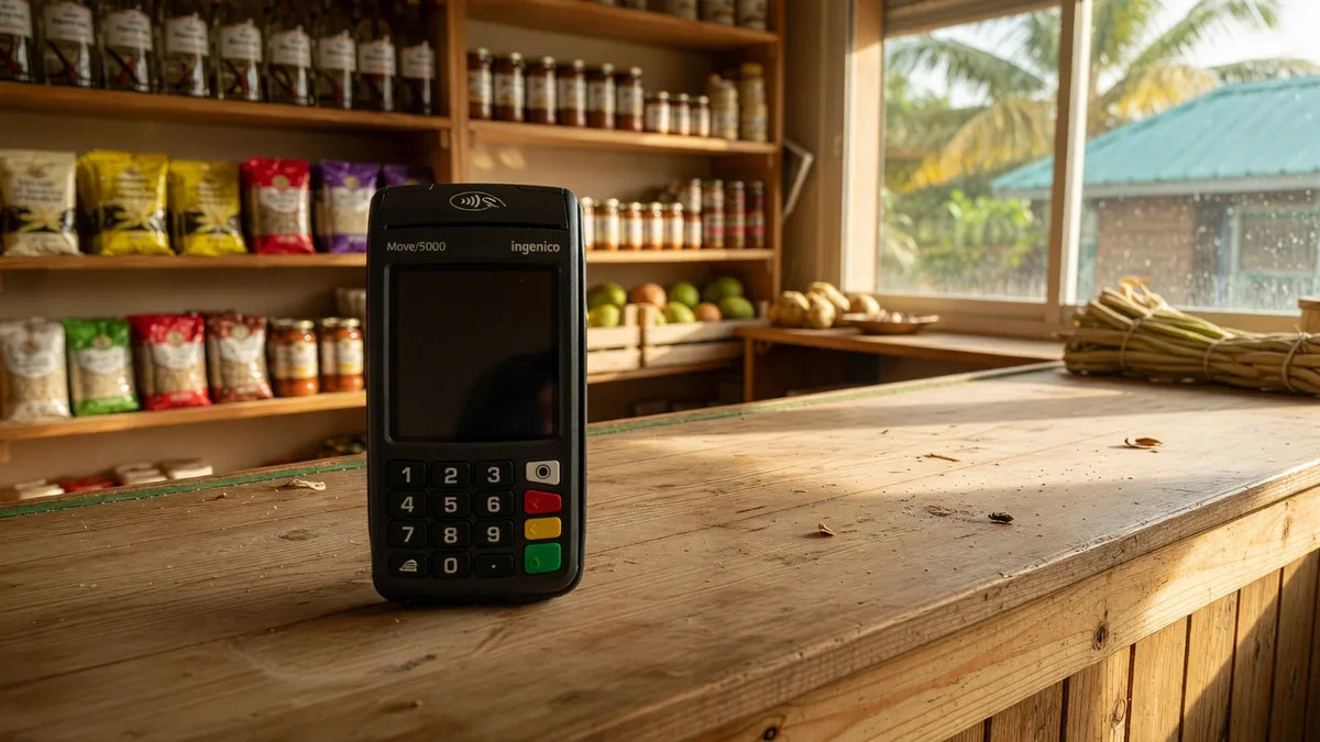 Terminal de paiement Ingenico Move/5000 posé sur le comptoir en bois d'une épicerie