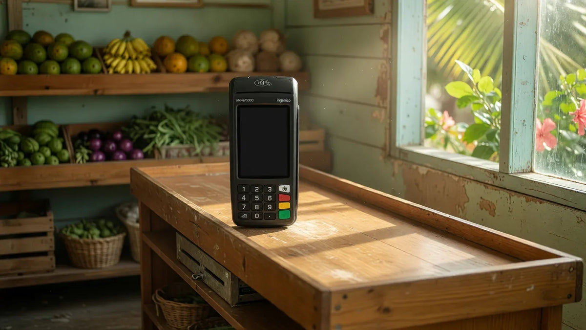 Terminal de paiement Ingenico Move/5000 écran éteint, posé sur le comptoir en bois d'une épicerie