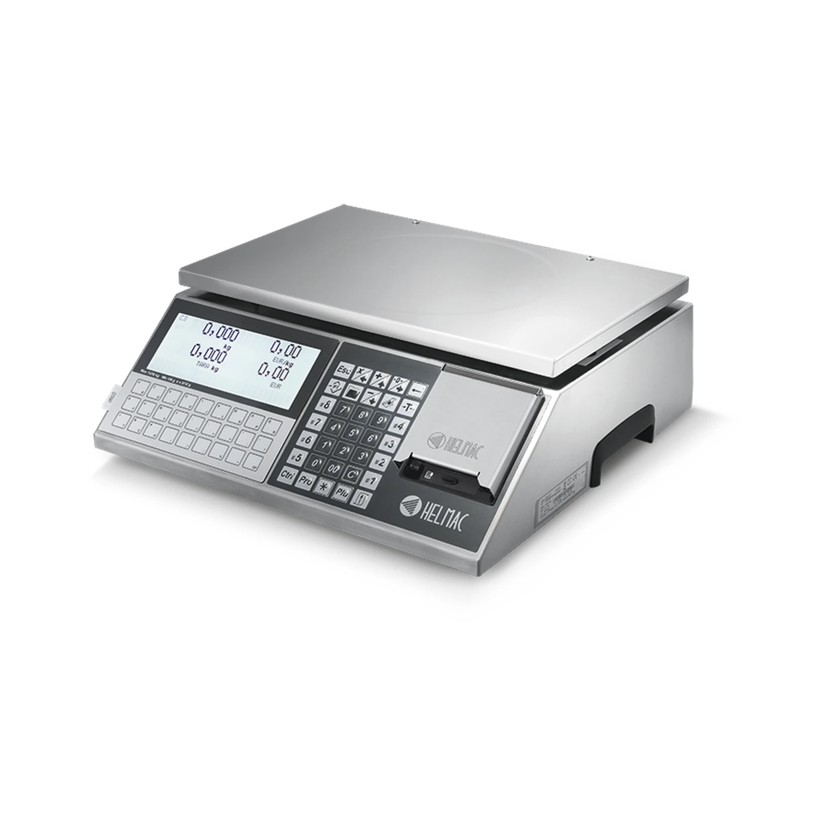 Balance Helmac GPE LT avec plateau inox, double afficheur et imprimante ticket