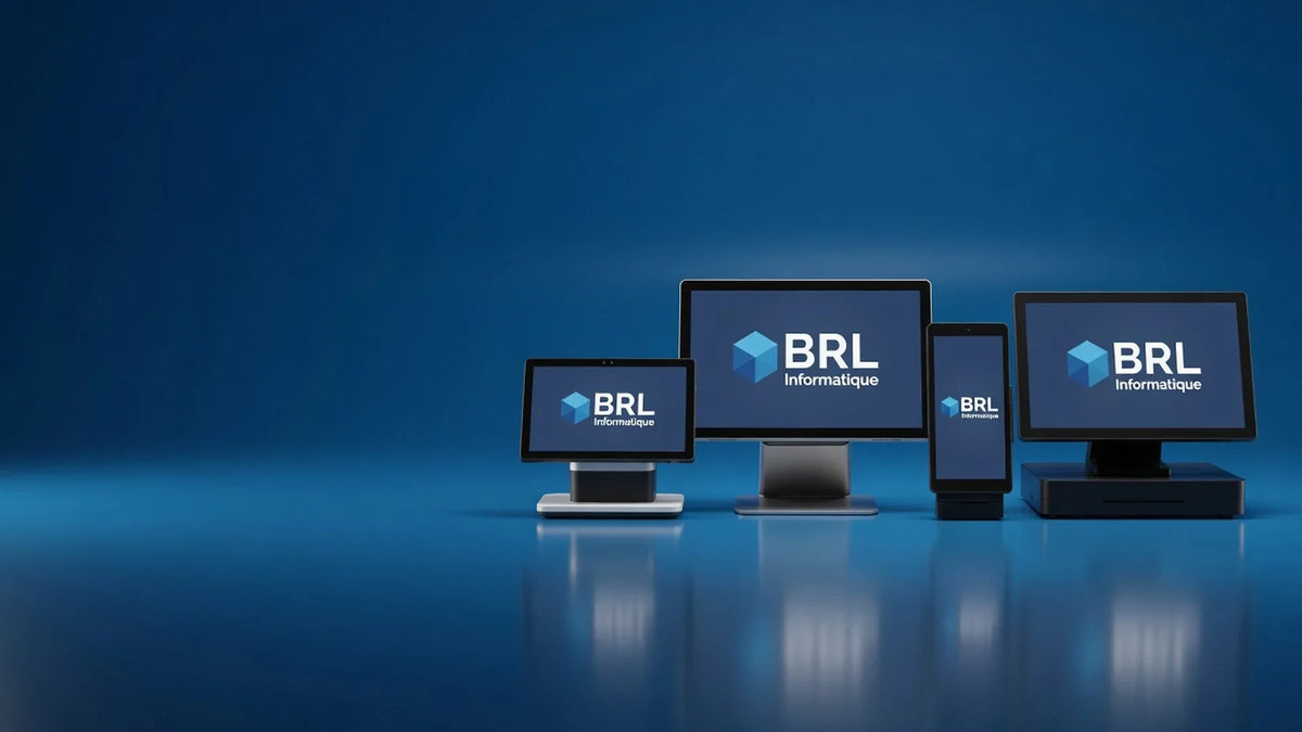 Caisses tactiles et écrans BRL Informatique sur fond bleu