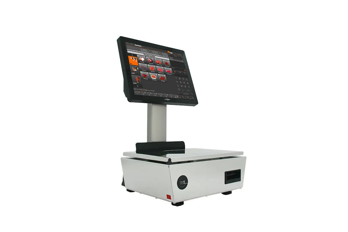 Balance caisse BM5 ARM en inox avec plateau, écran tactile et écran client